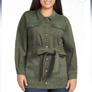 NWT Terra & Sky Green Cotton Twill Button-Down Jacket with Belt 0X 14